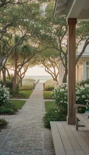 Coastal home porch with wooden bench overlooking tree-lined pathway to beach boardwalk and ocean