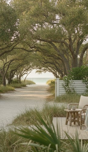 Coastal home patio with wooden chairs overlooking tree-lined sandy path to beach